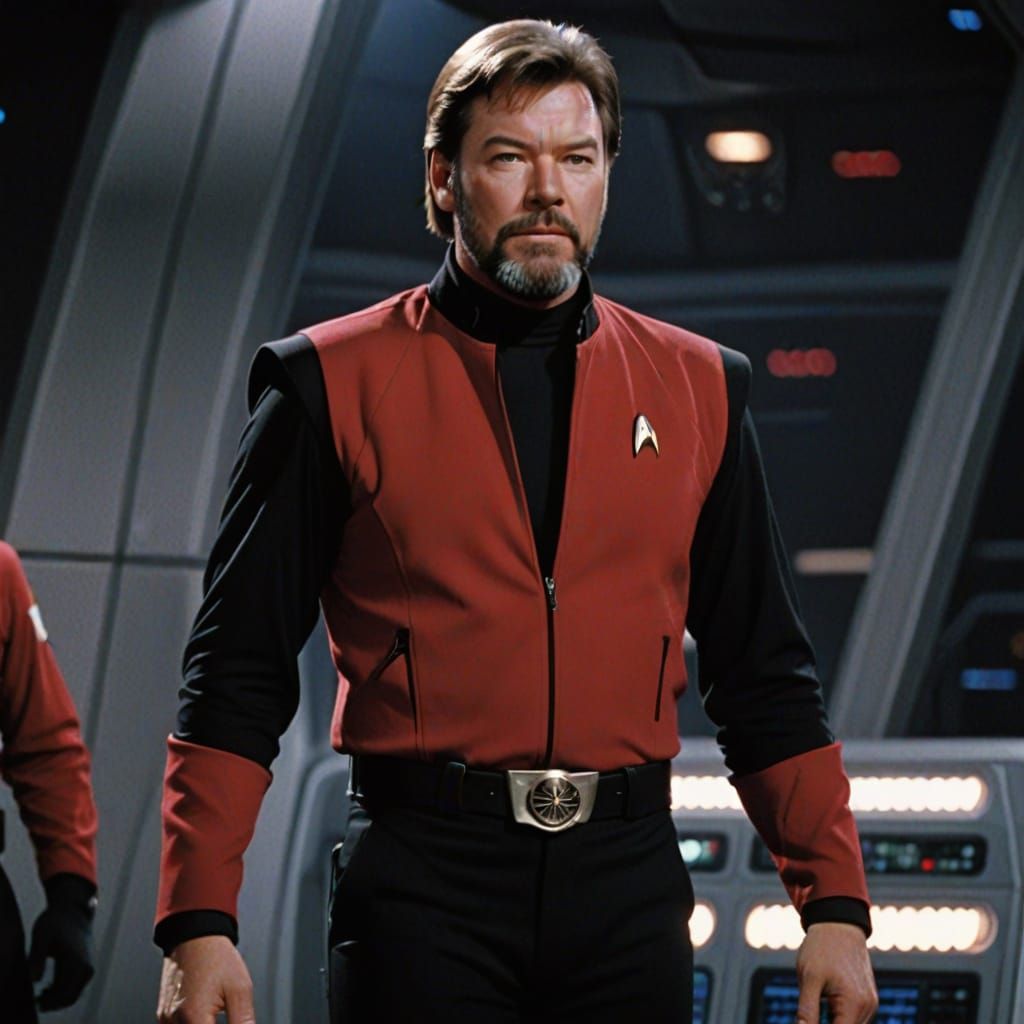 Jonathan Frakes as Commander Will Riker wearing a red top with black shoulders and trousers ready to beam down to Earth