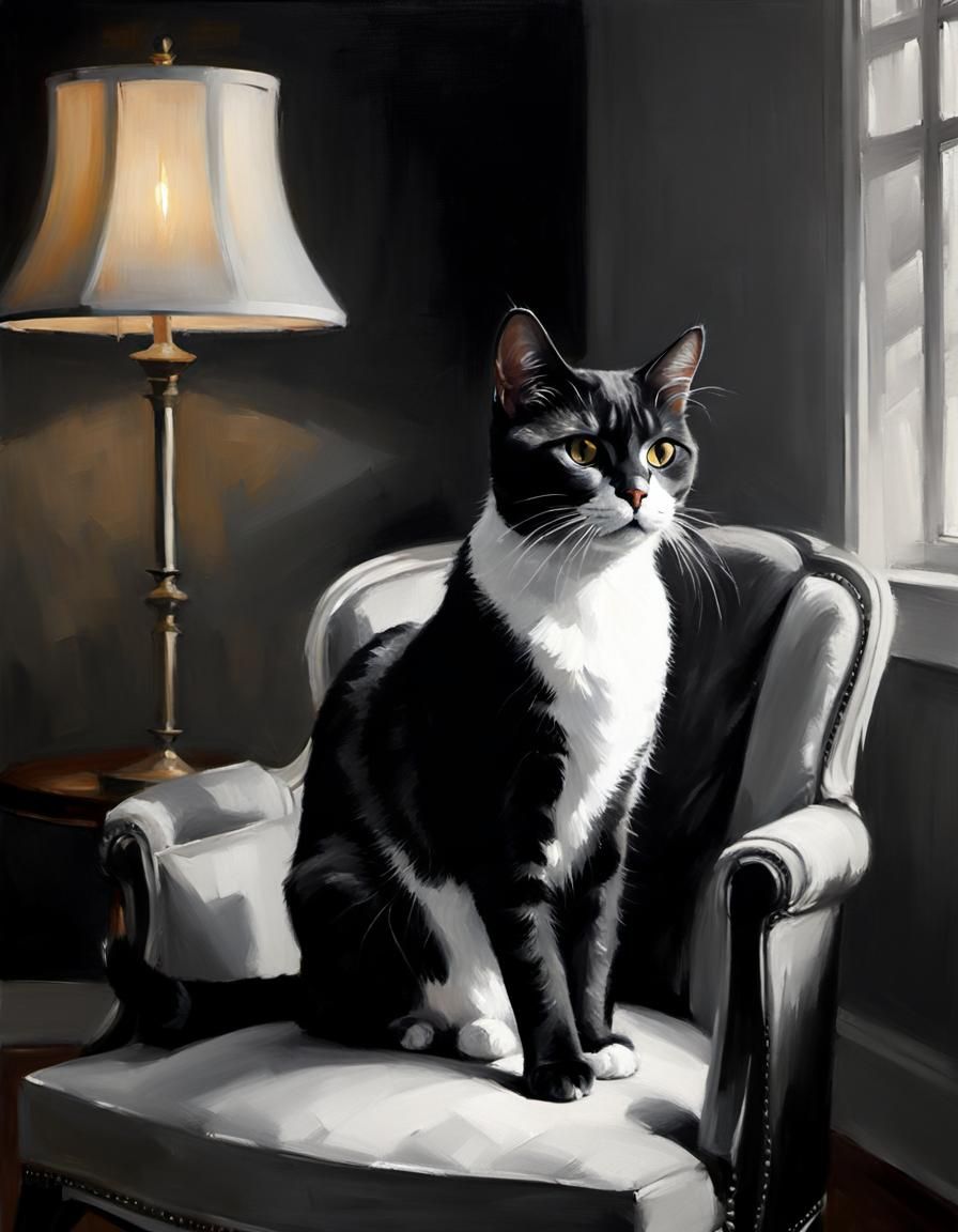 Grayscale Portrait of Cat in Armchair, Oil Painting Style