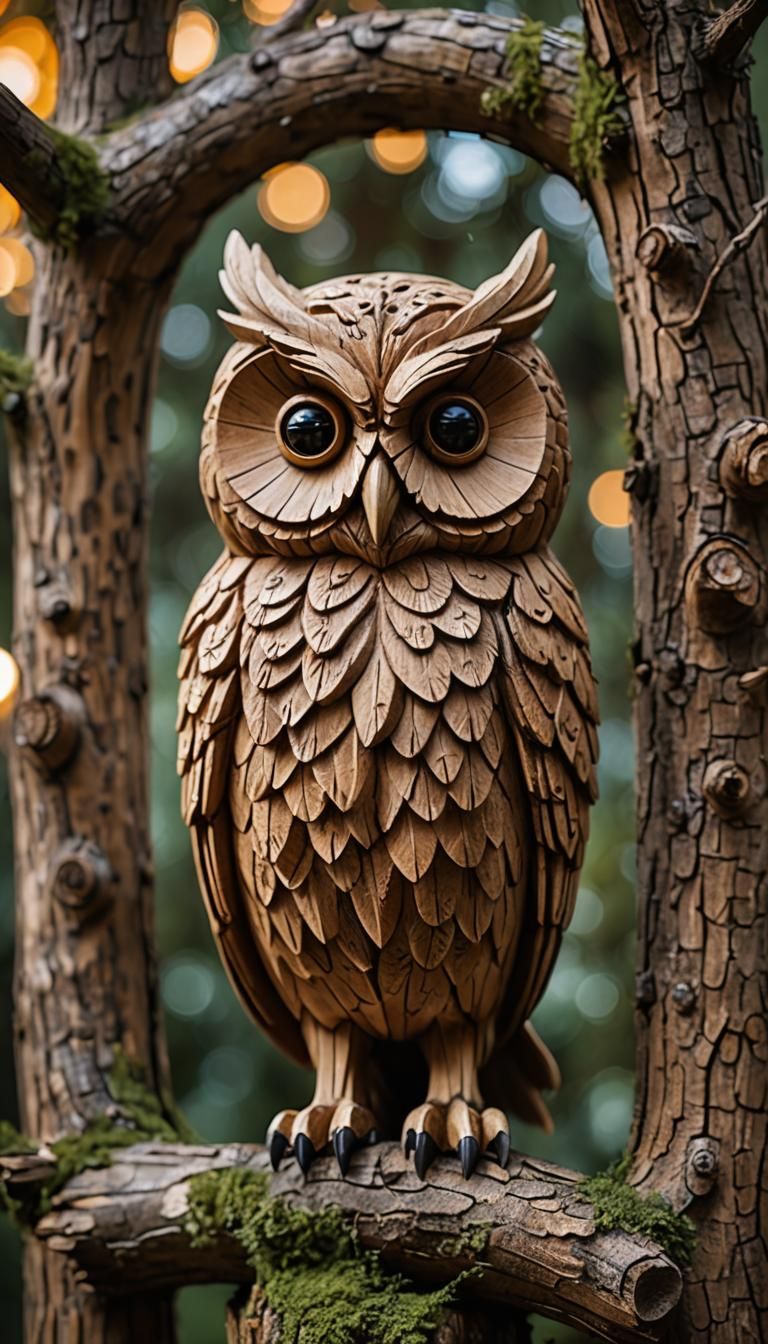 Detailed Carved Wooden Owl in Natural Light