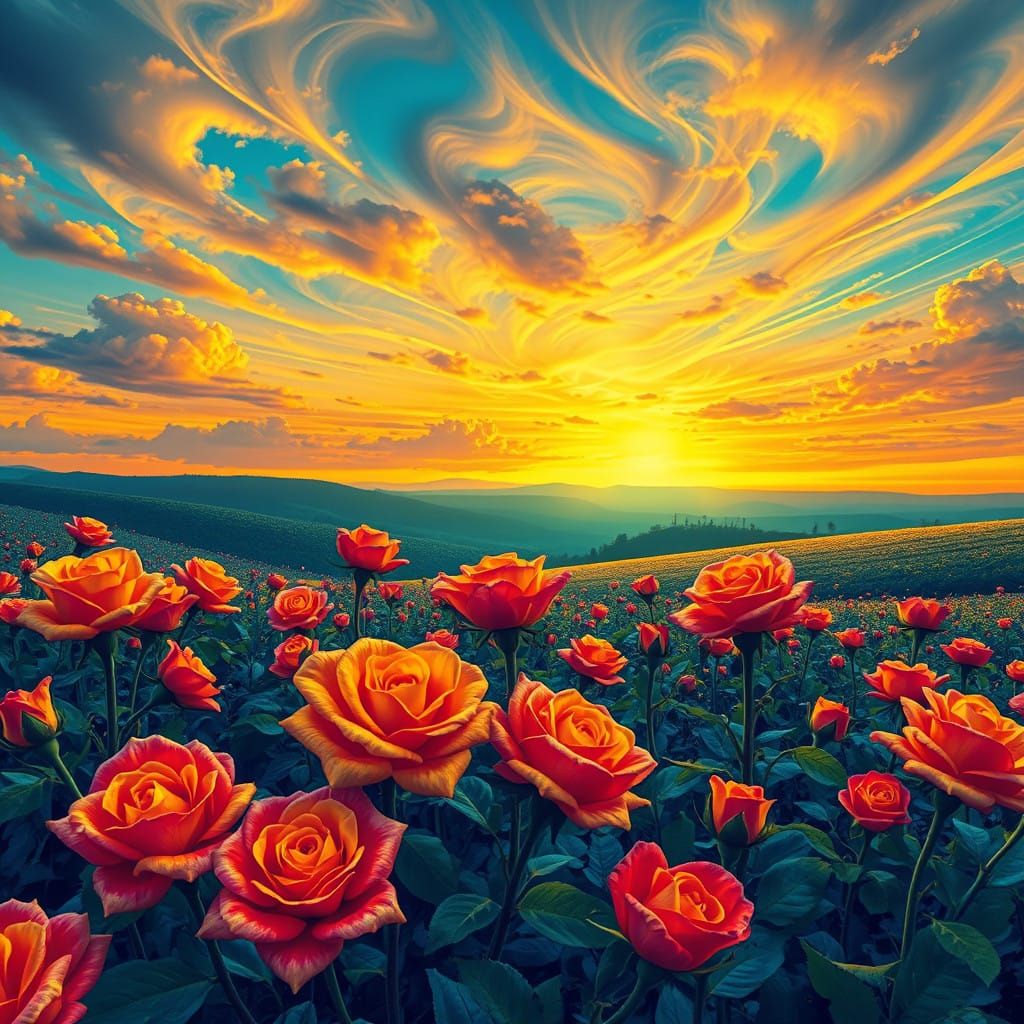 Surreal Aurora Sunset with Vibrant Roses in Abstract Vector....