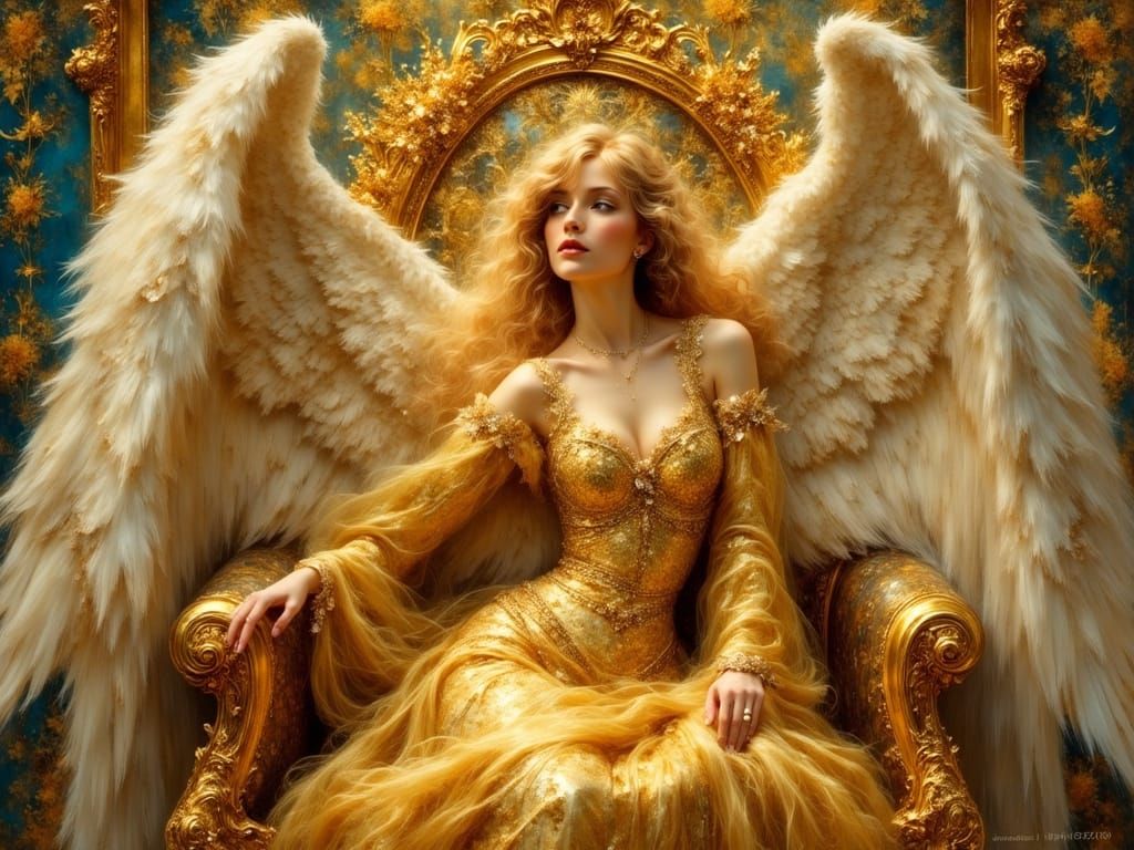 Angel on Gold Throne in Ethereal Style