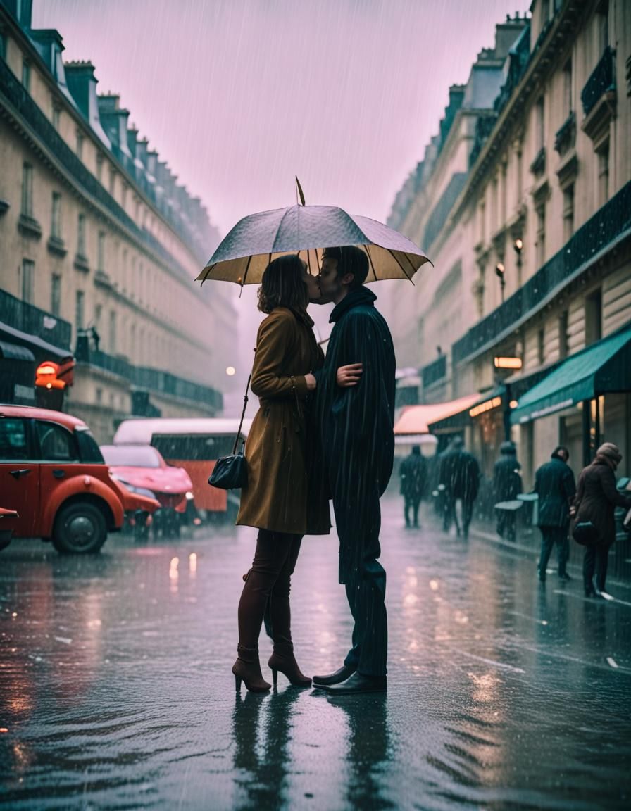 Romantic Couple Kissing in Rainy Paris Film Still