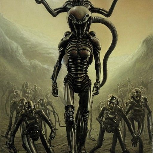 Xenomorph Queen Leading Her Army: Giger Style