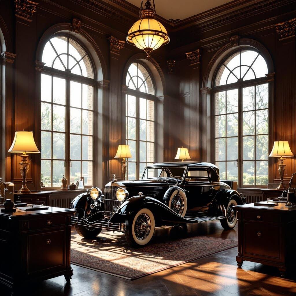 Art Deco Office with Vintage Car, Chiaroscuro Lighting