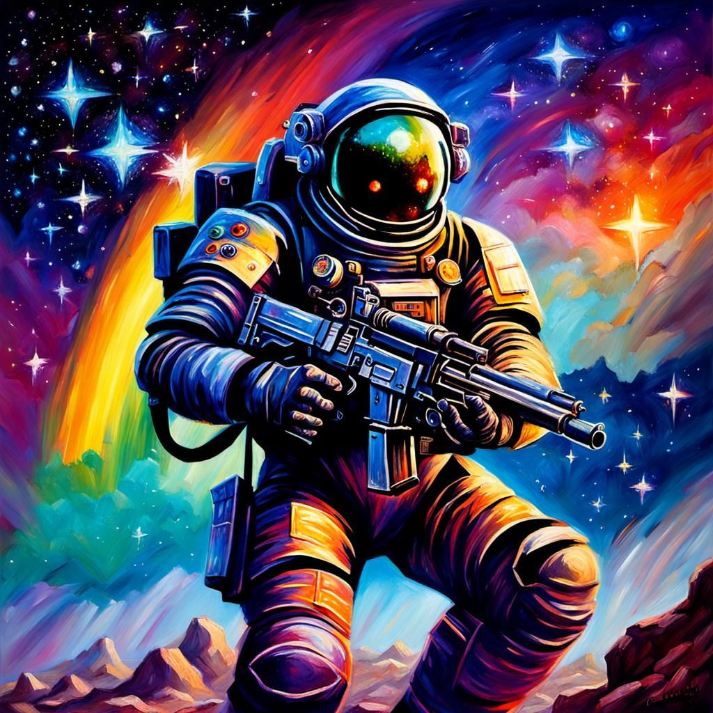 Astronaut in Rainbow Cosmos: Oil Painting