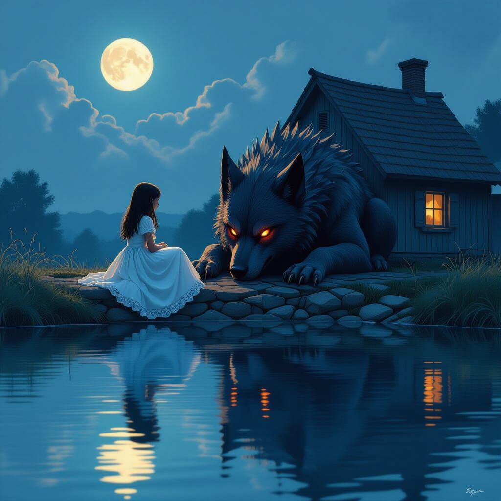 Girl and Hellhound Reflect in Moonlit River