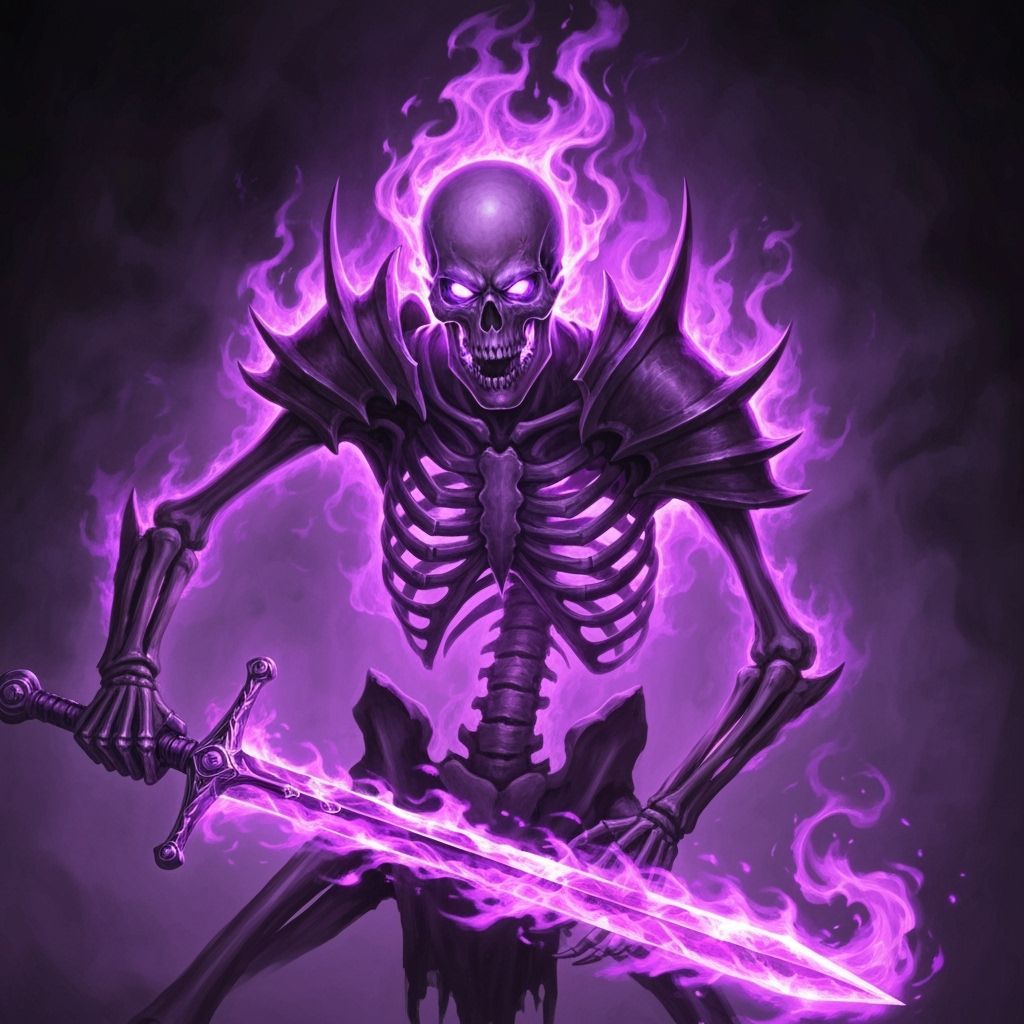 Skeletal Warrior Wielding Fiery Purple Sword in Dark Fantasy...