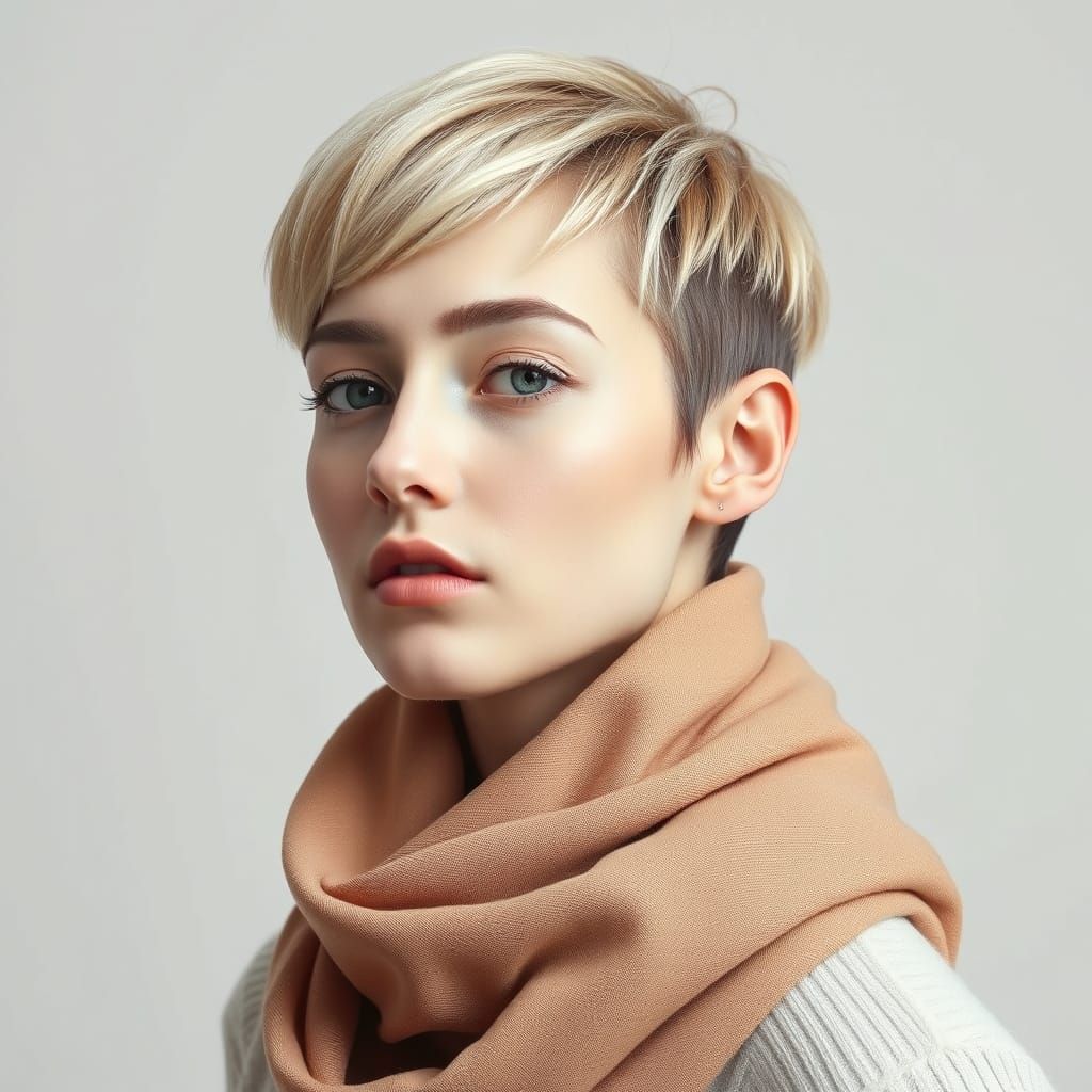 Chic Portrait with Stylish Haircut in Neutral Tones