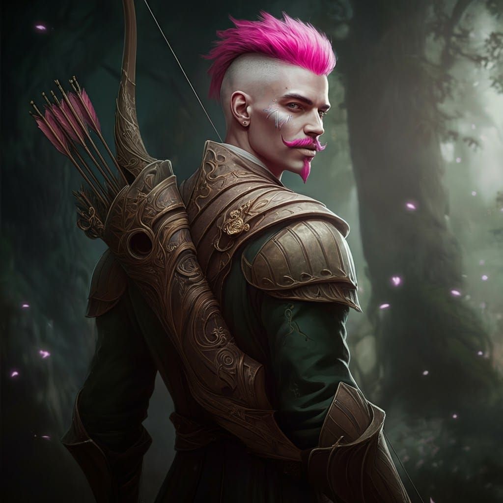 Noble Huntsman with Pink Hair in Lush Forest