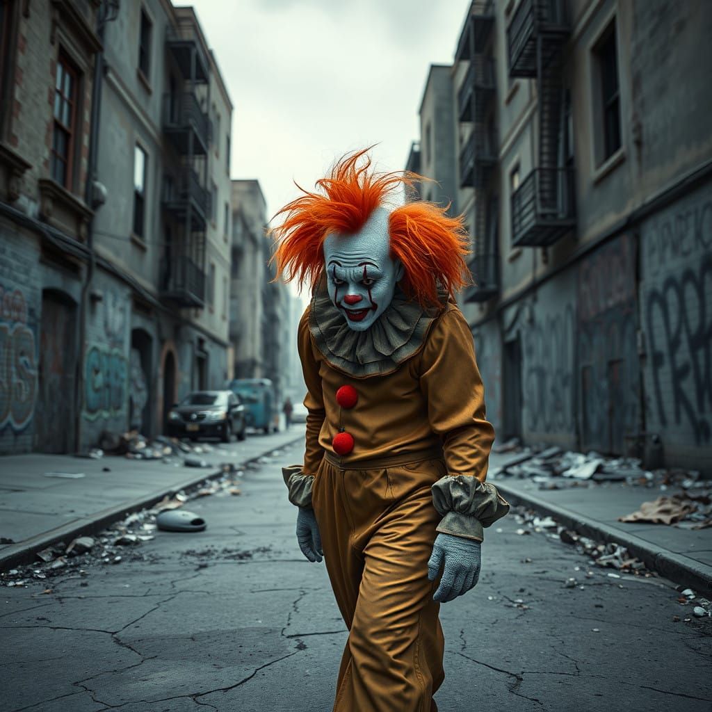 Sorrowful Clown in a Desolate Cityscape