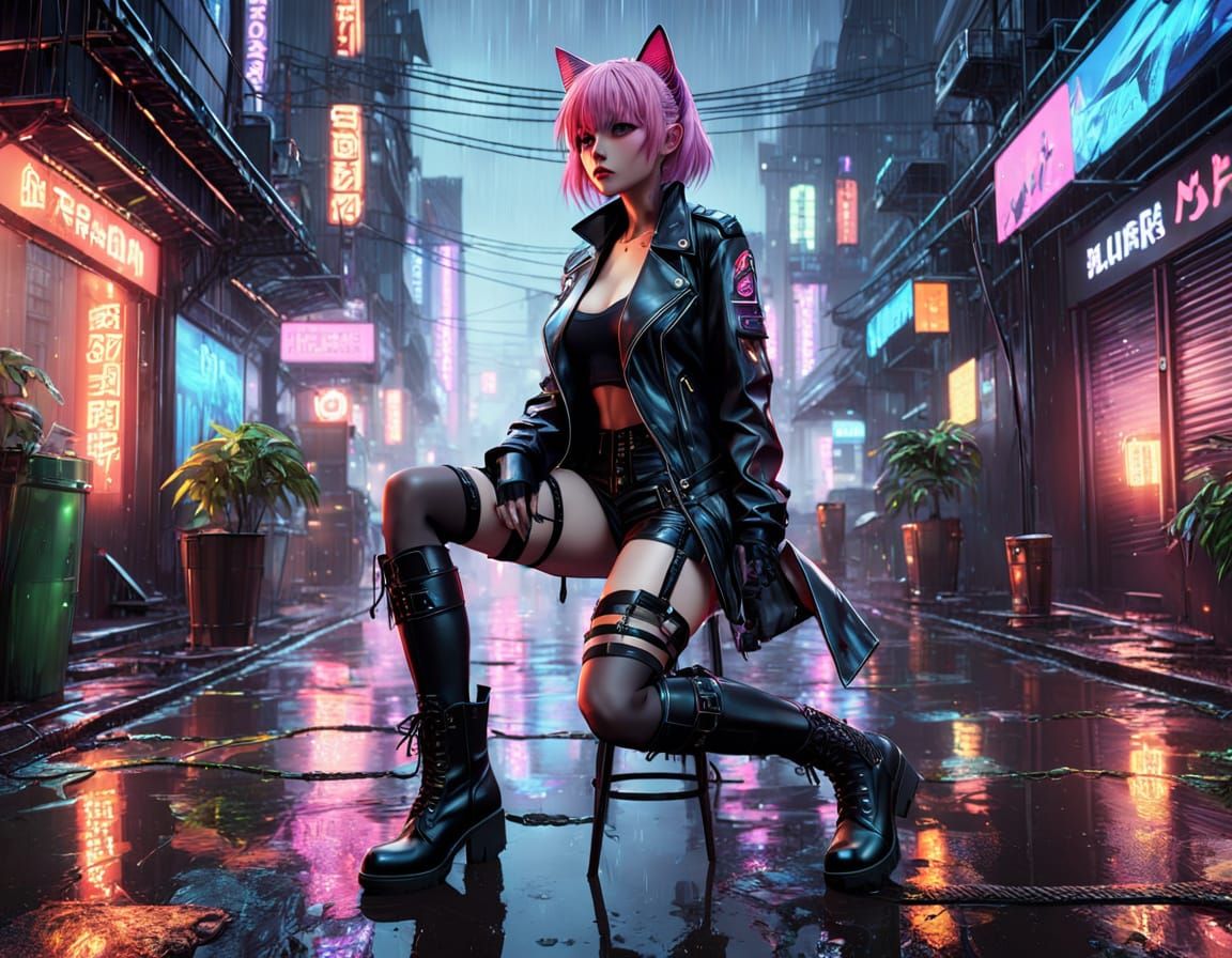 Futuristic Anime Cat Girl in Rain-Soaked Alley
