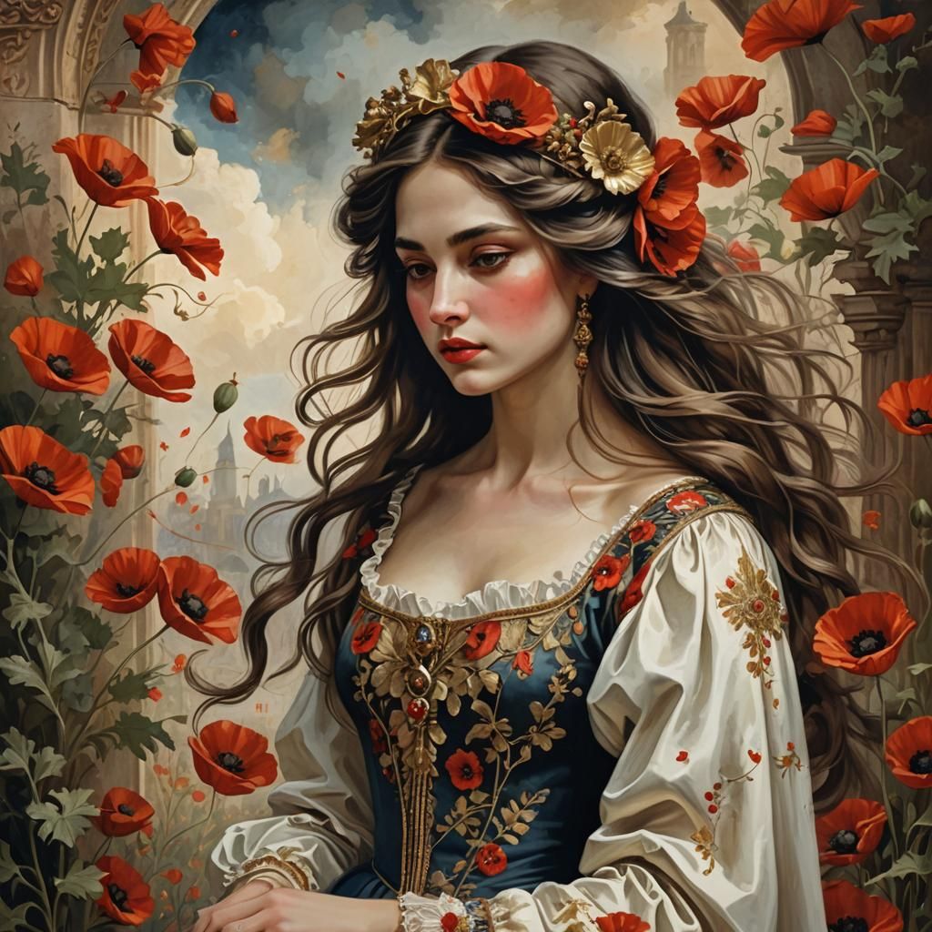 Woman with Poppies in Baroque Oil Painting Style