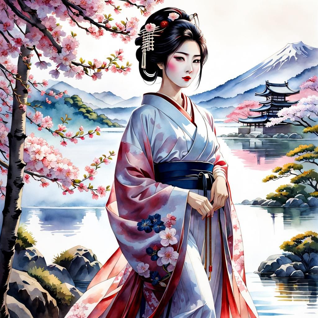 Geisha in Kimono with Cherry Blossoms, Watercolor Style
