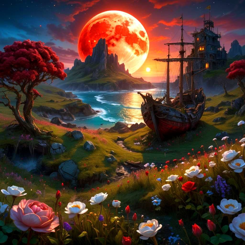 Blood Moon Over Fantasy Irish Meadow, Detailed Art