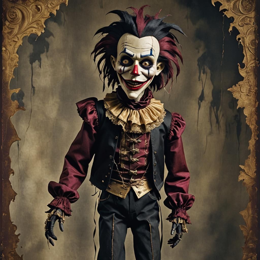 Haunting Jester Marionette Puppet in Gothic Horror Style