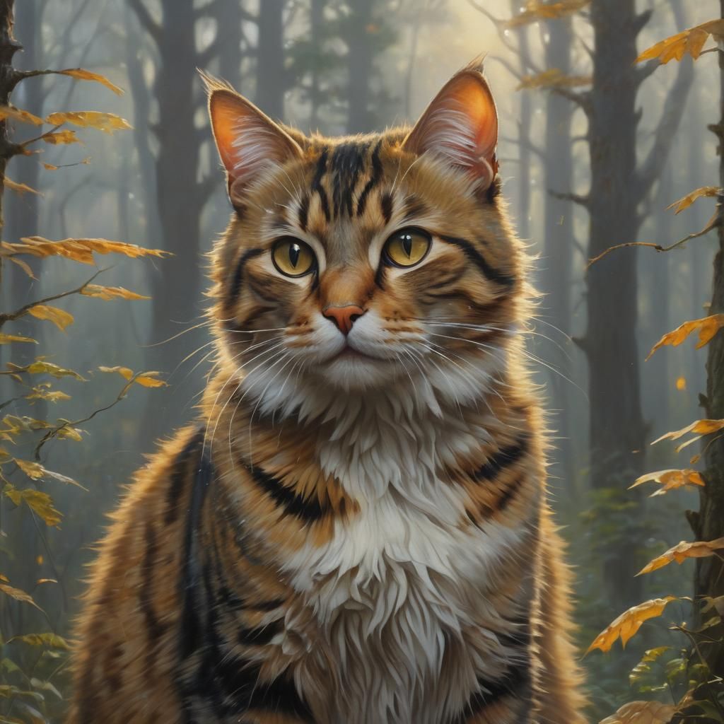 Ethereal Cat Vanishing in Misty Forest, Oil Painting