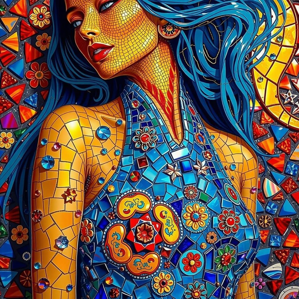 Iridescent Mosaic Woman Against Starry Night Sky
