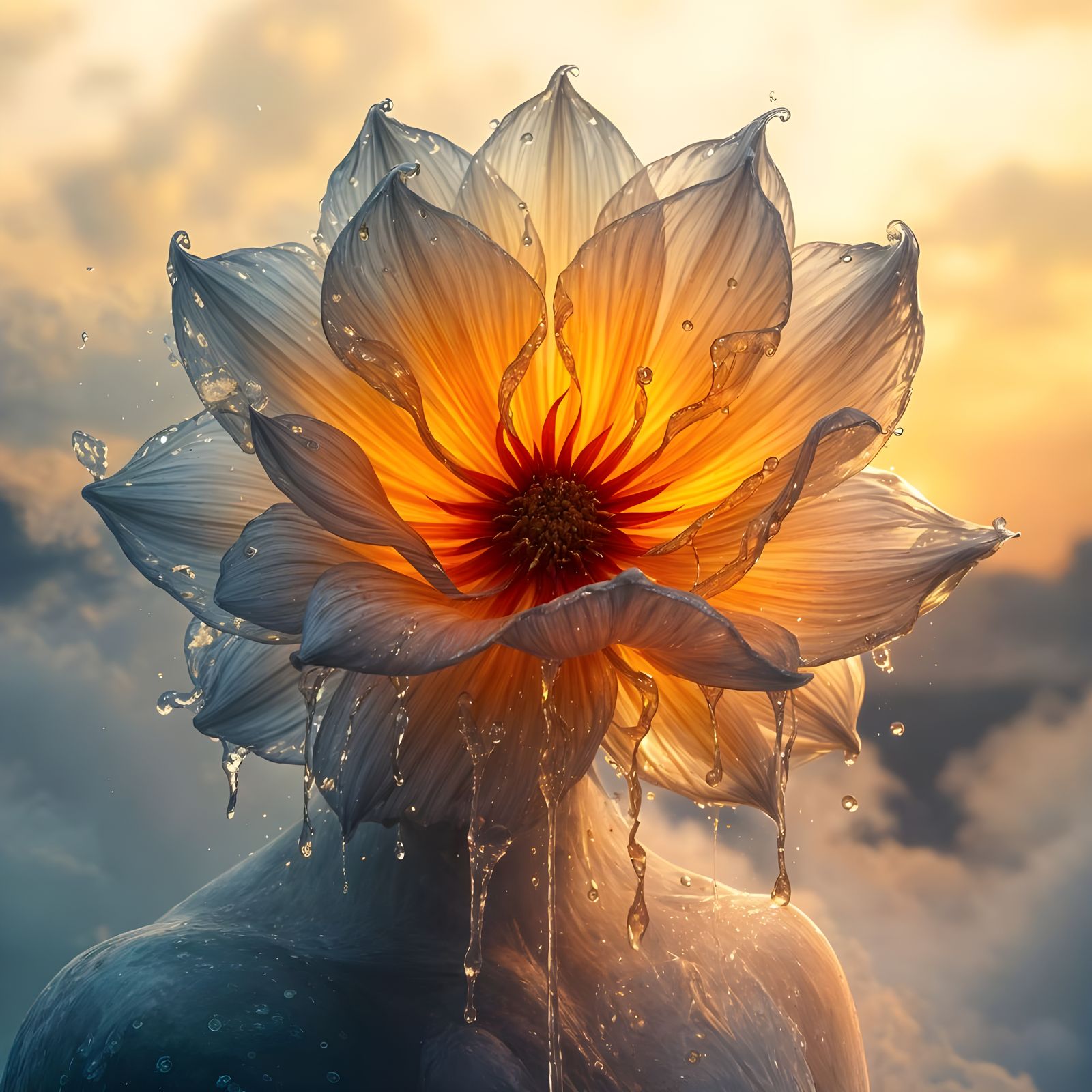 Water Flower Goddess in Vibrant Sunrise Hues