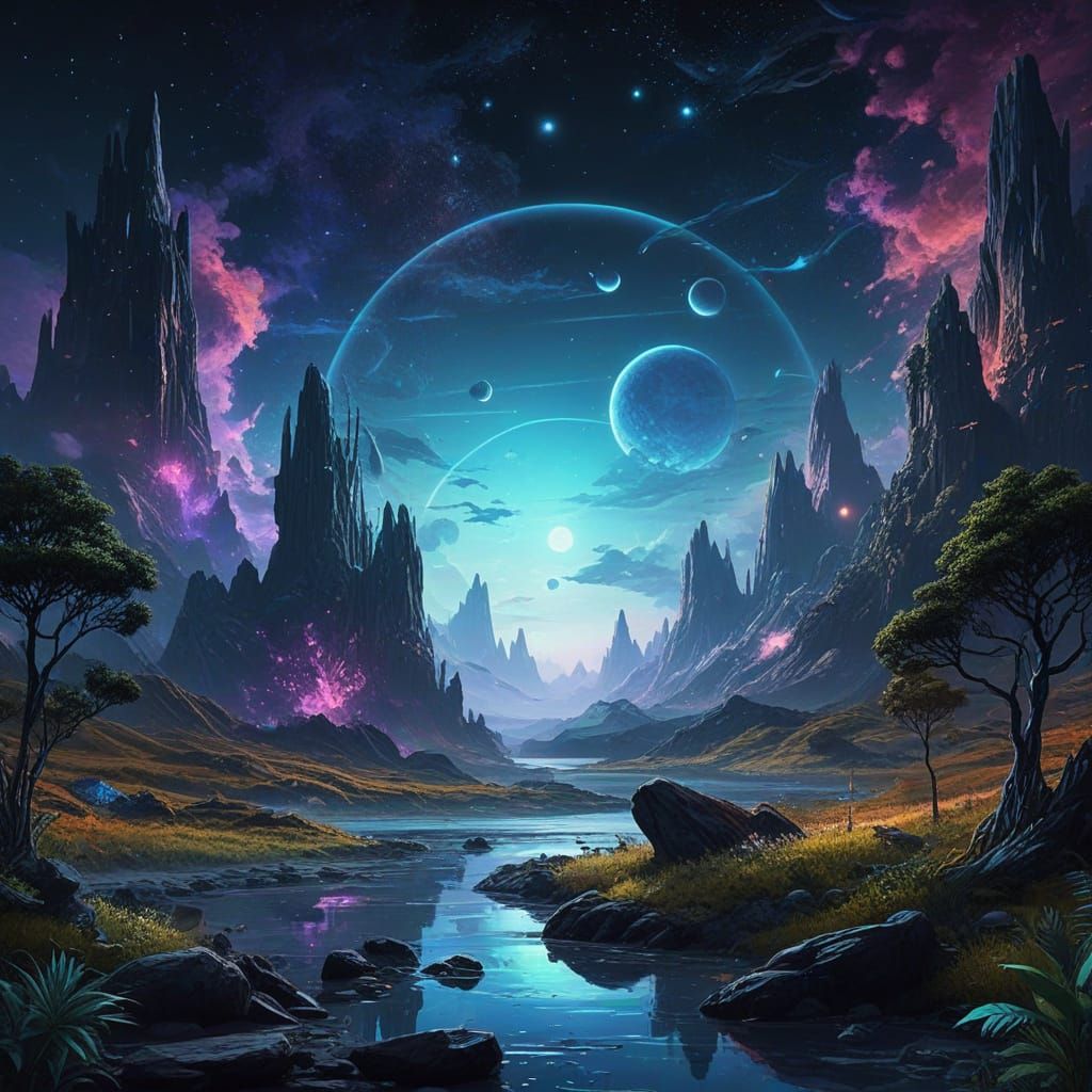 Bioluminescent Futuristic Cosmic Landscape in Mixed Media