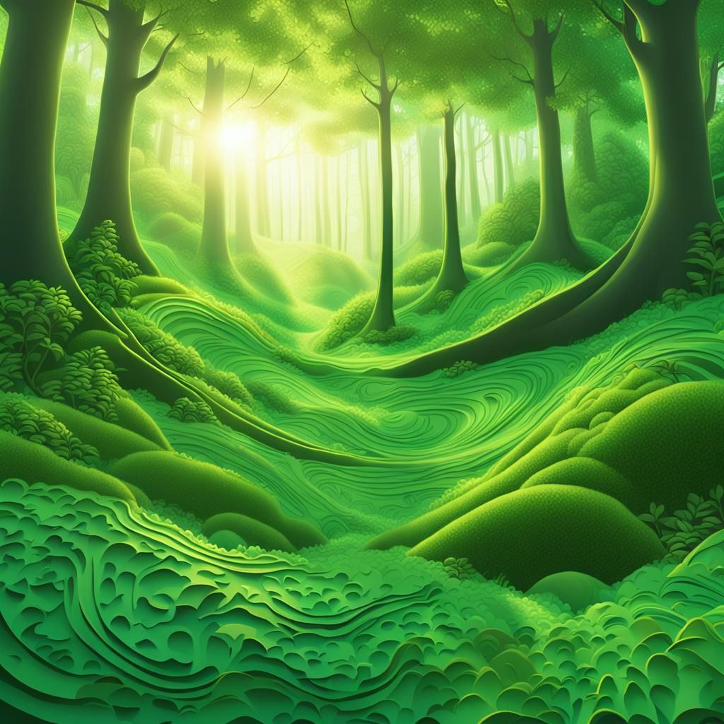 Lush Forest with Sunbeams in Fractal Vector Style