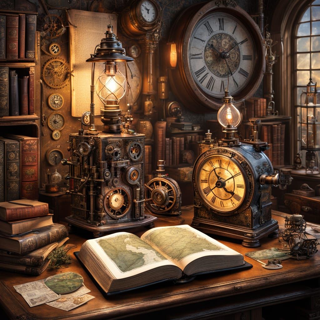 Steampunk Scholar Studying Antique Book