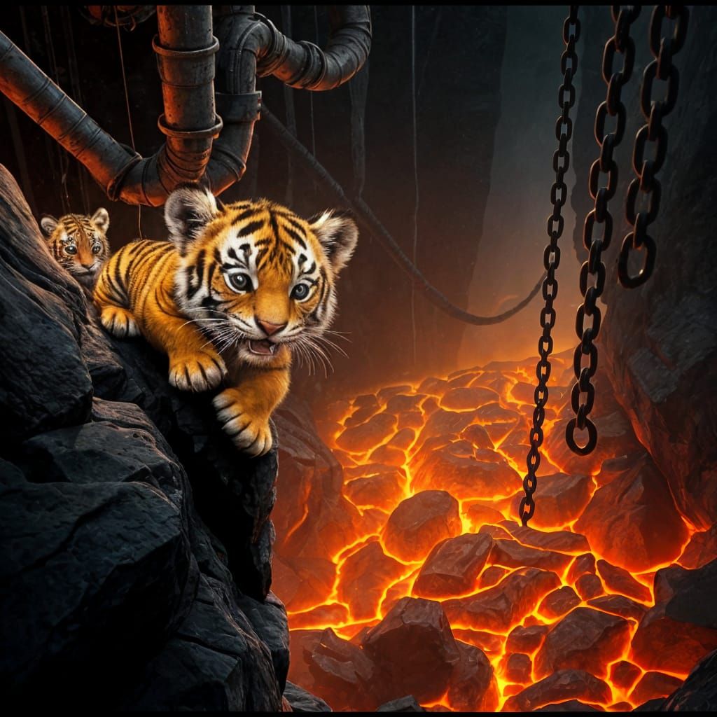 Tiger Cubs Perched on a Treacherous Lava-Filled Cliffside