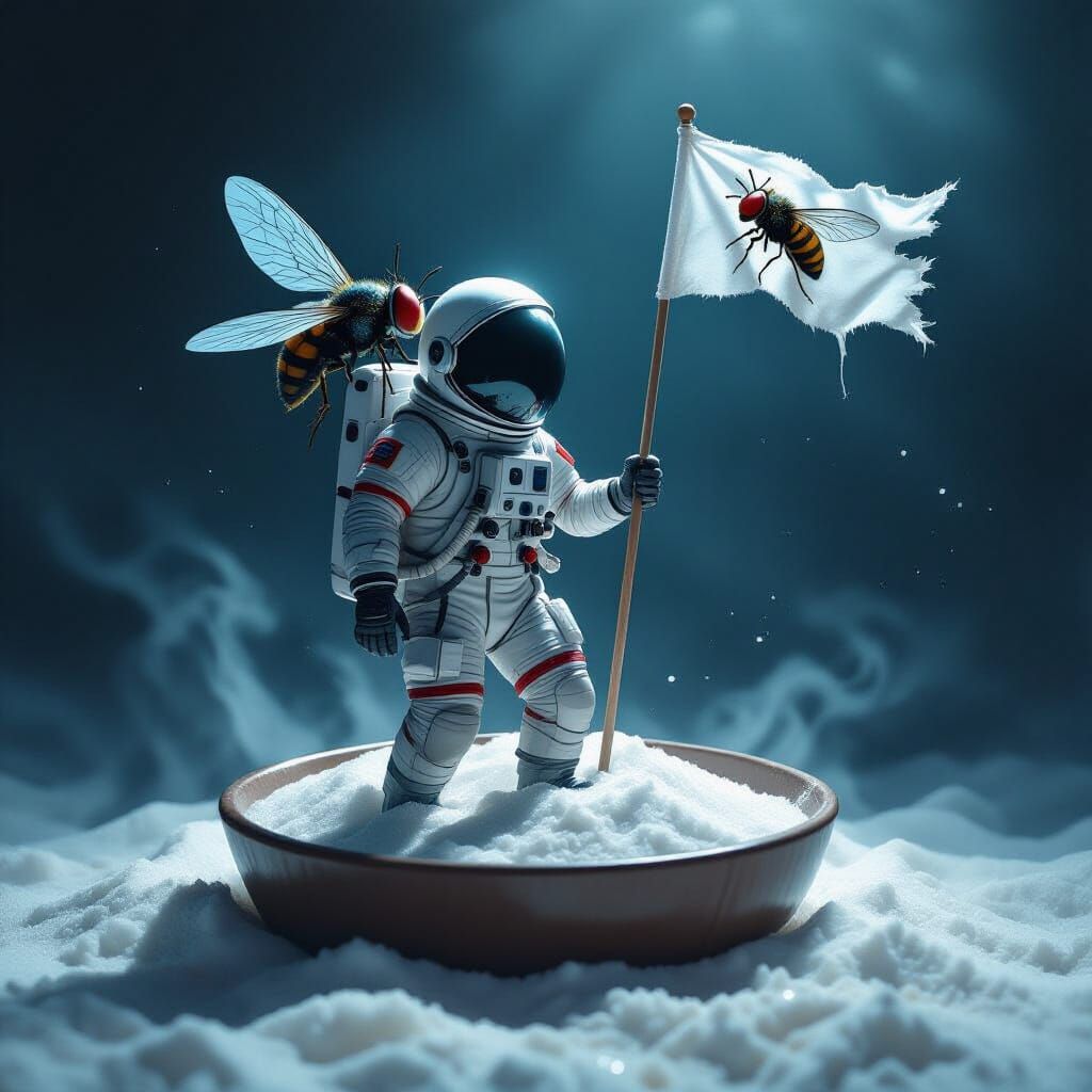 Astronaut with Fly Head Planting Flag on Sugar Bowl