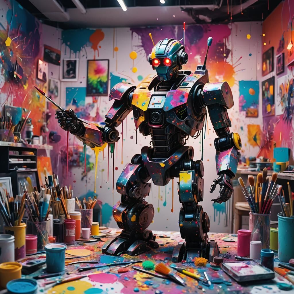 Android Artist in a Neon Surrealist Studio