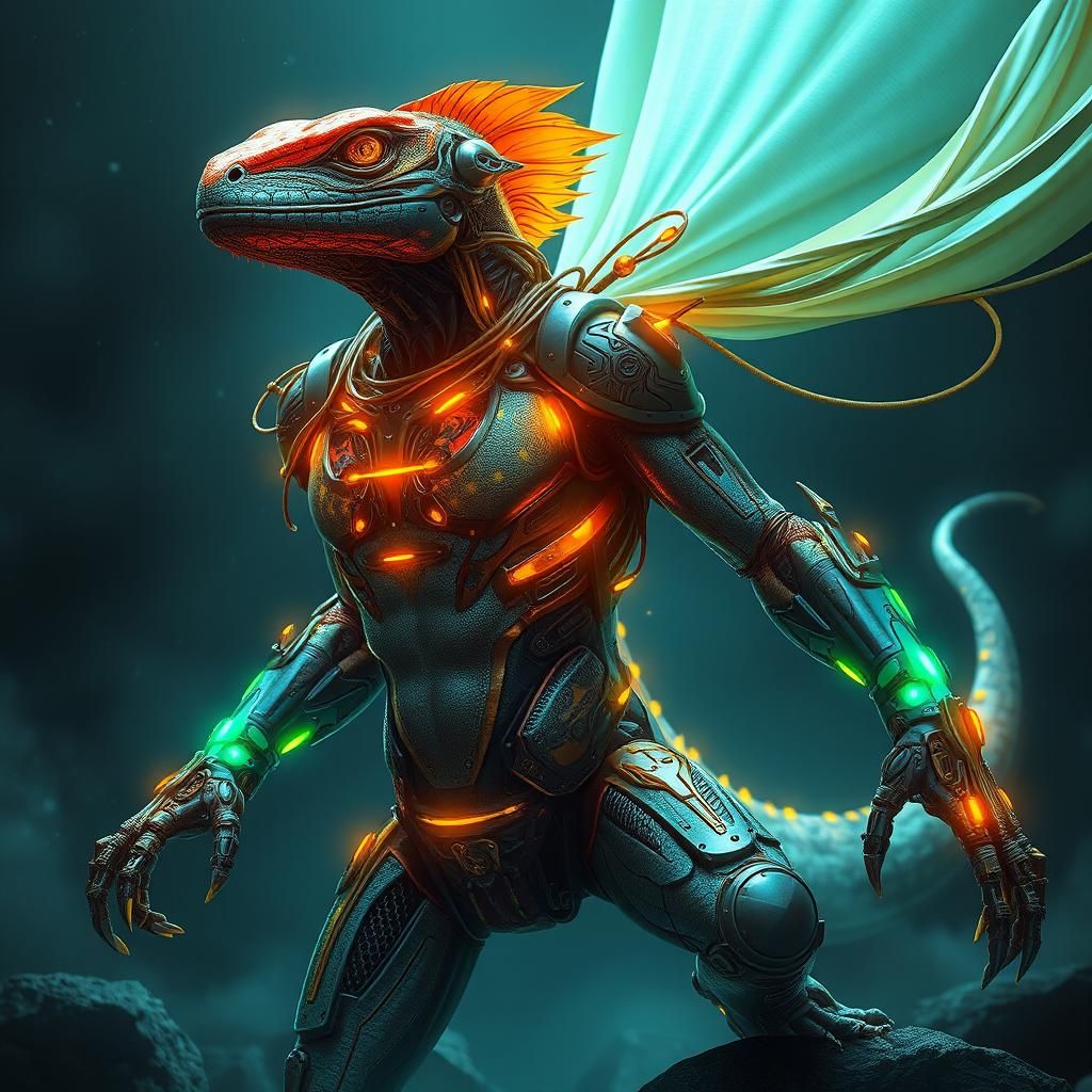 Bio-Mechanical Lizard Cyborg in Cyberpunk Style