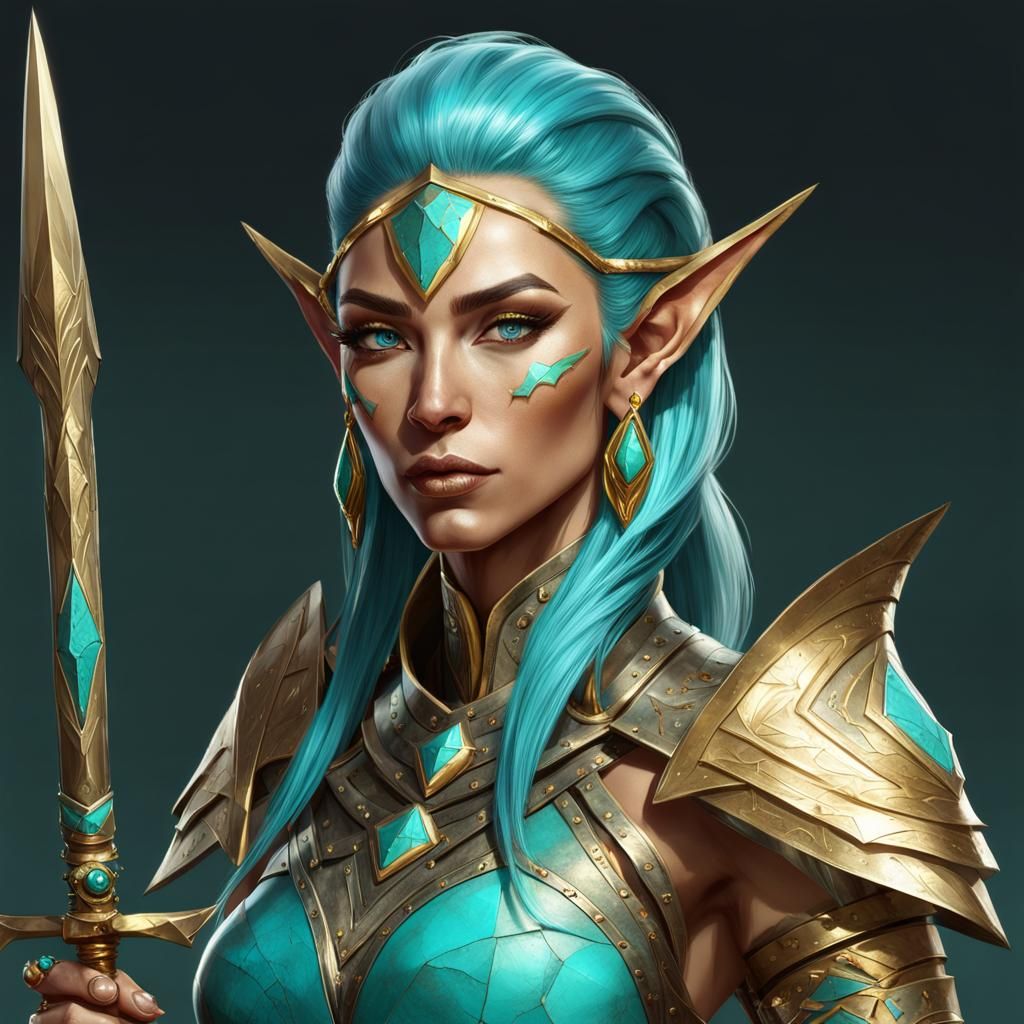 Turquoise and Gold Elf Warrior Portrait in 8k