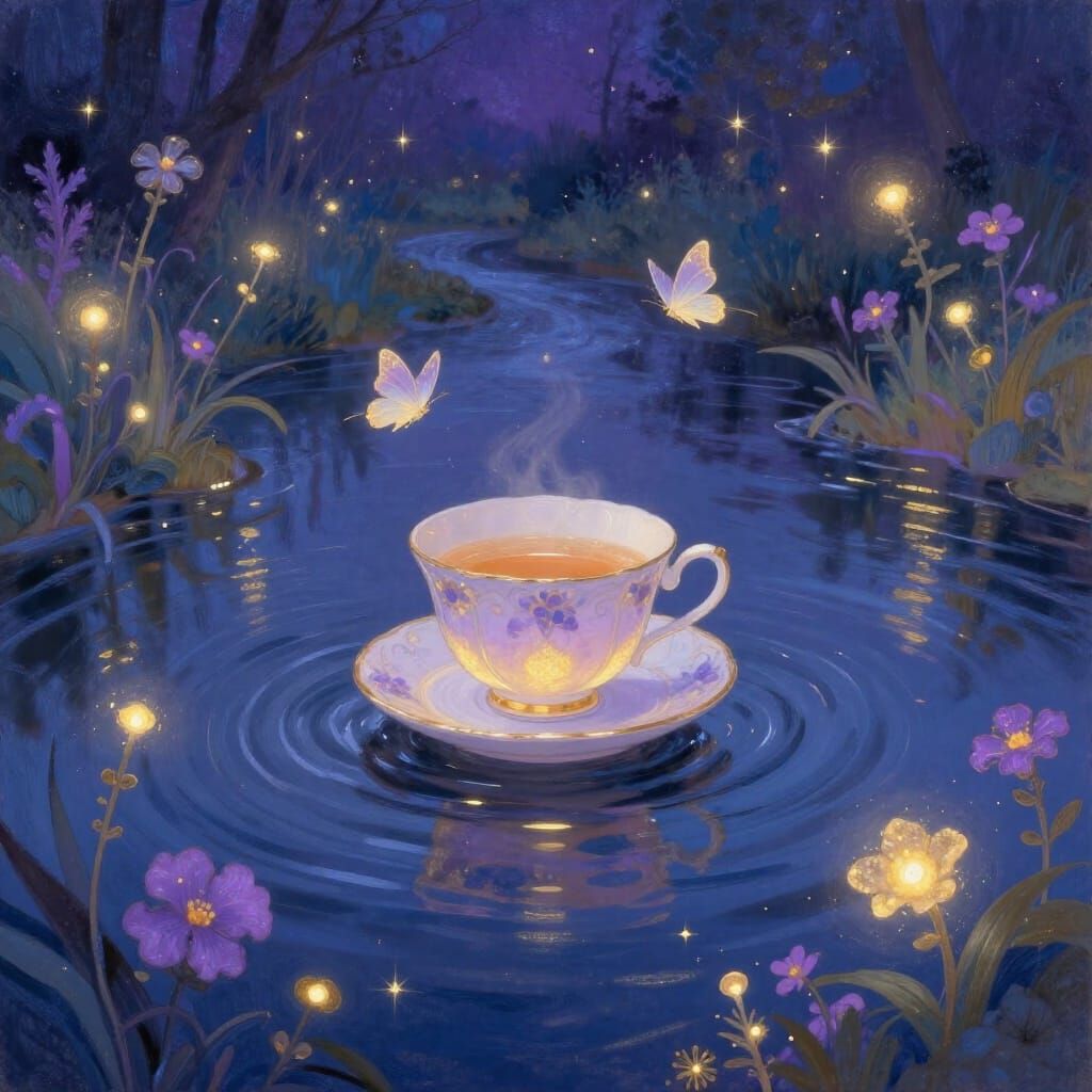 Whimsical Teacup Adrift on Starlight River