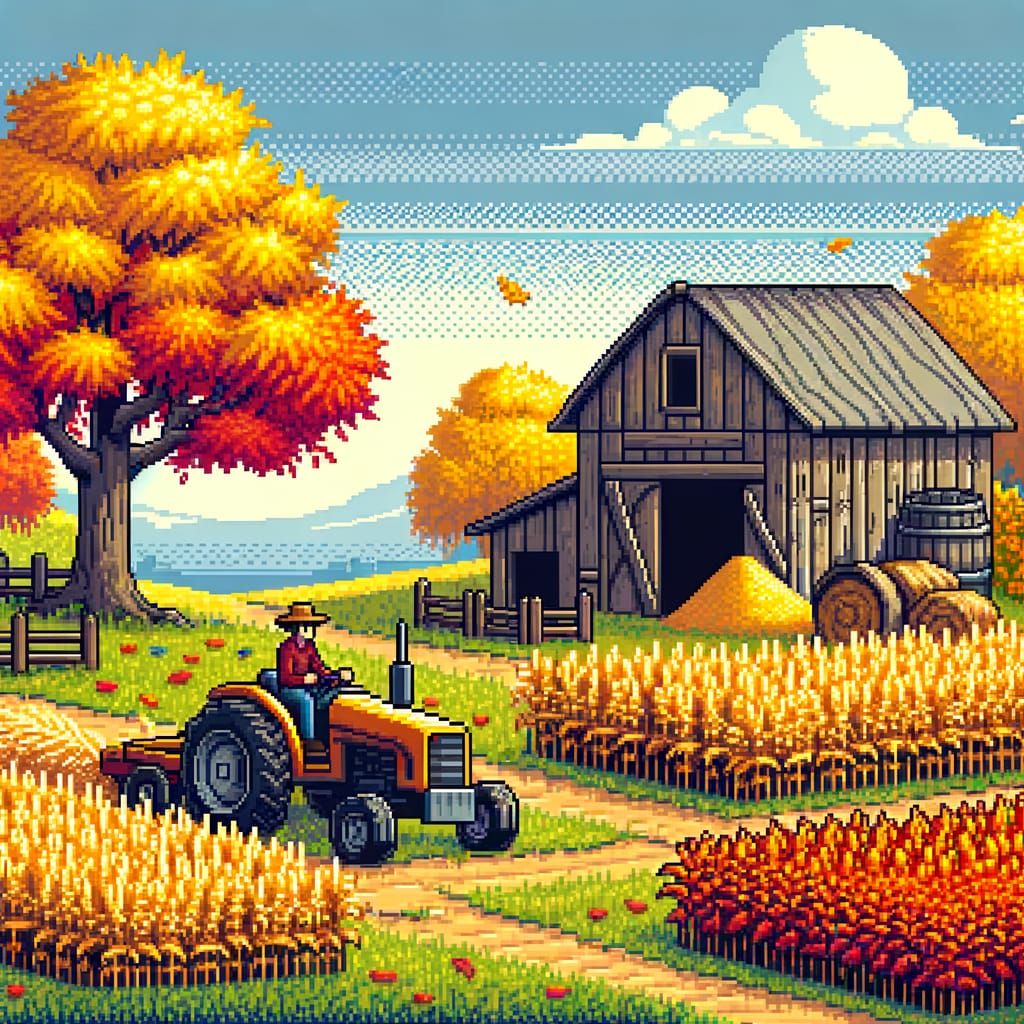 Cozy Autumn Farm Harvest in 16-Bit Pixel Art
