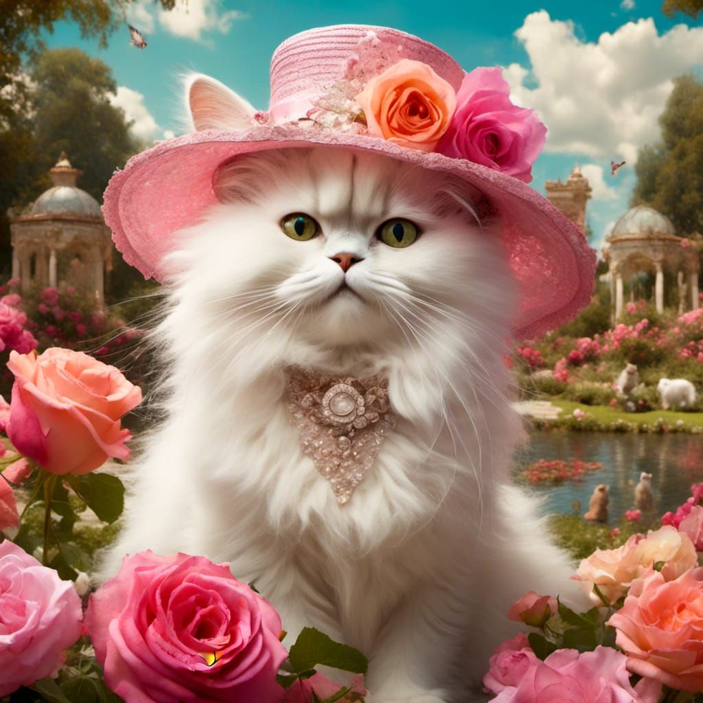 Pretty white cat wearing pink hat with flowers. ..... Made using one of my own Loras. View in Community area under ......