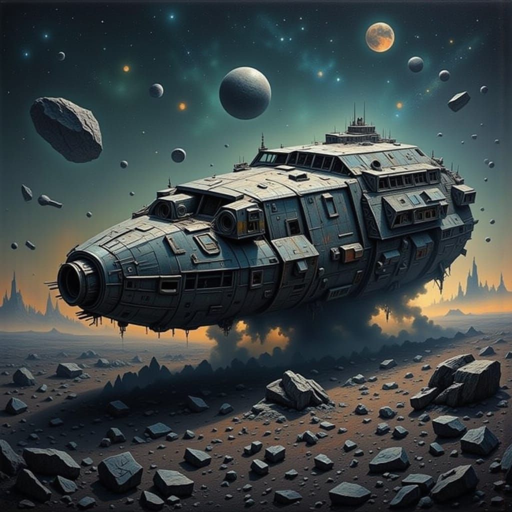 Derelict Spaceship in Asteroid Field