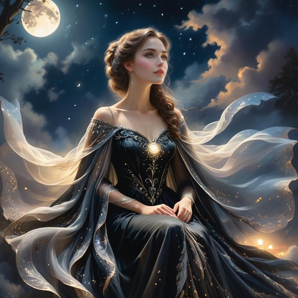 Ethereal Woman in Black Under Moonlight