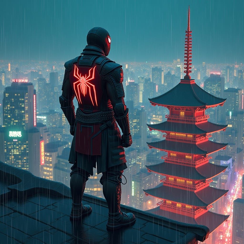 Spider-Man as Samurai in Neon Tokyo