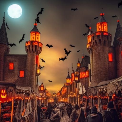 Creepy Halloween Town with Flying Witches