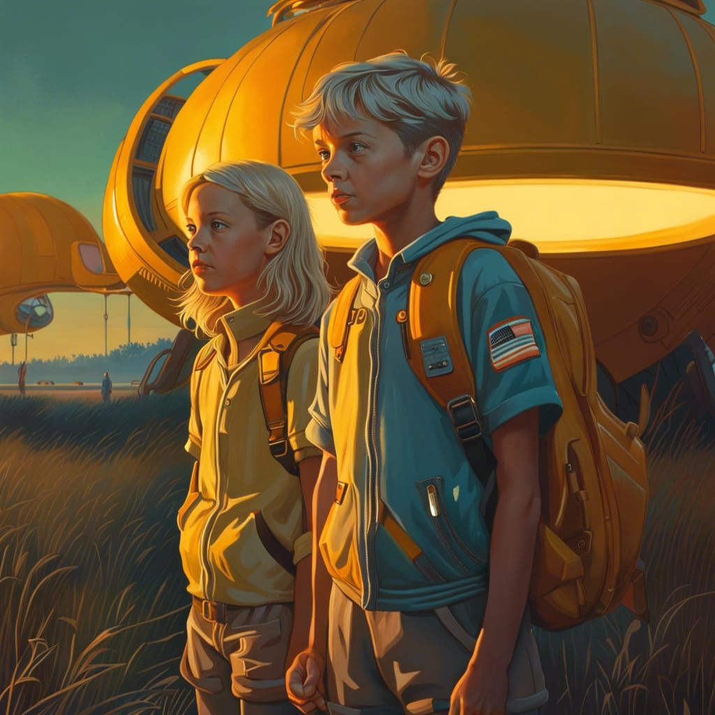 Retrofuturistic Children in Luminous Oil Painting