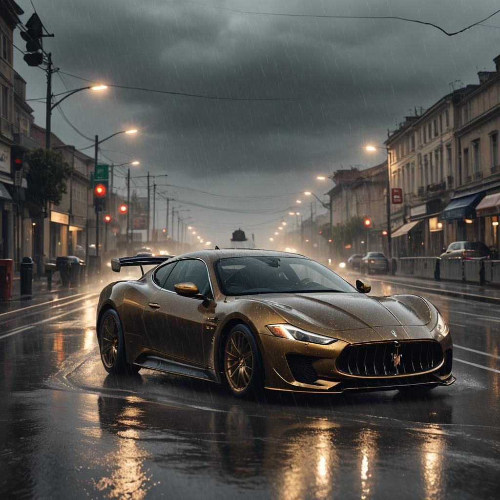 Golden Maserati MC20 Drifting on Wet Highway