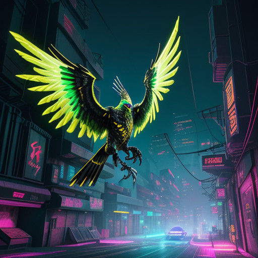 Cyberpunk Hawk Bird in Neon Cityscape