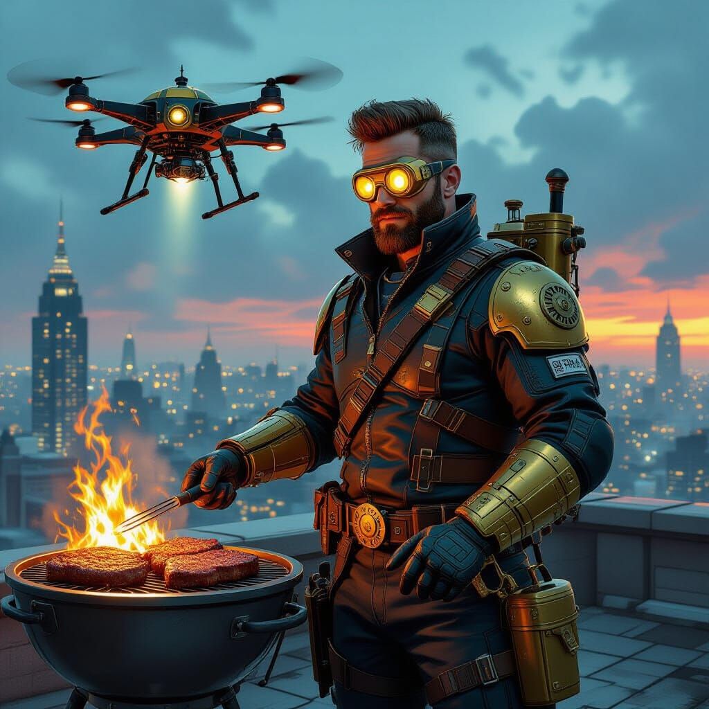 Dieselpunk Dad Commands BBQ Drone Over Metropolis