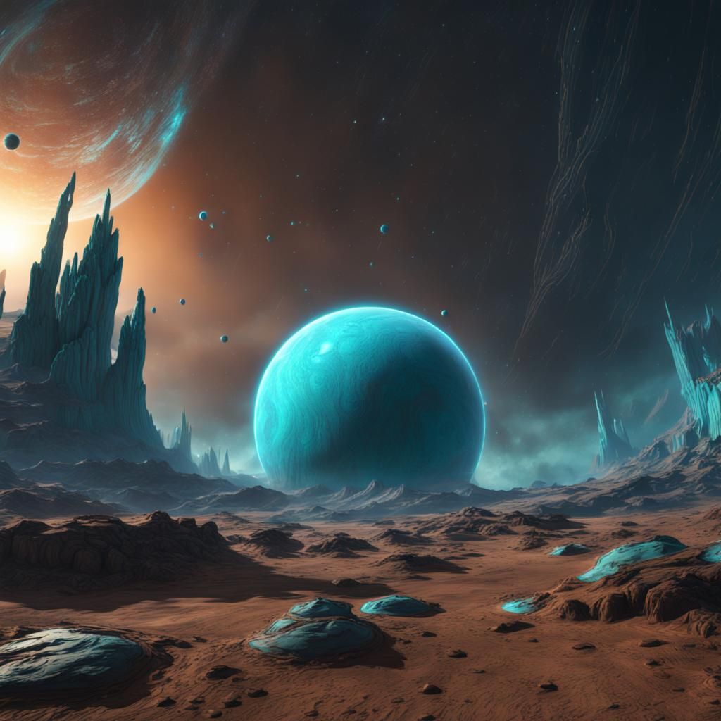 Teal Planet with Blue Rings and Meteor Showers