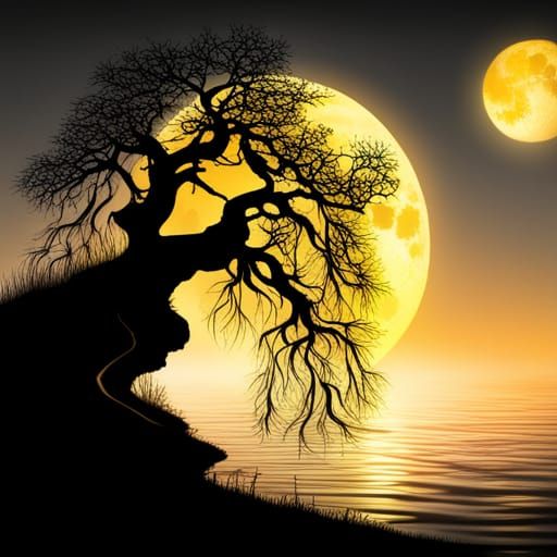 Glowing Weeping Tree Reflected in Lake at Night