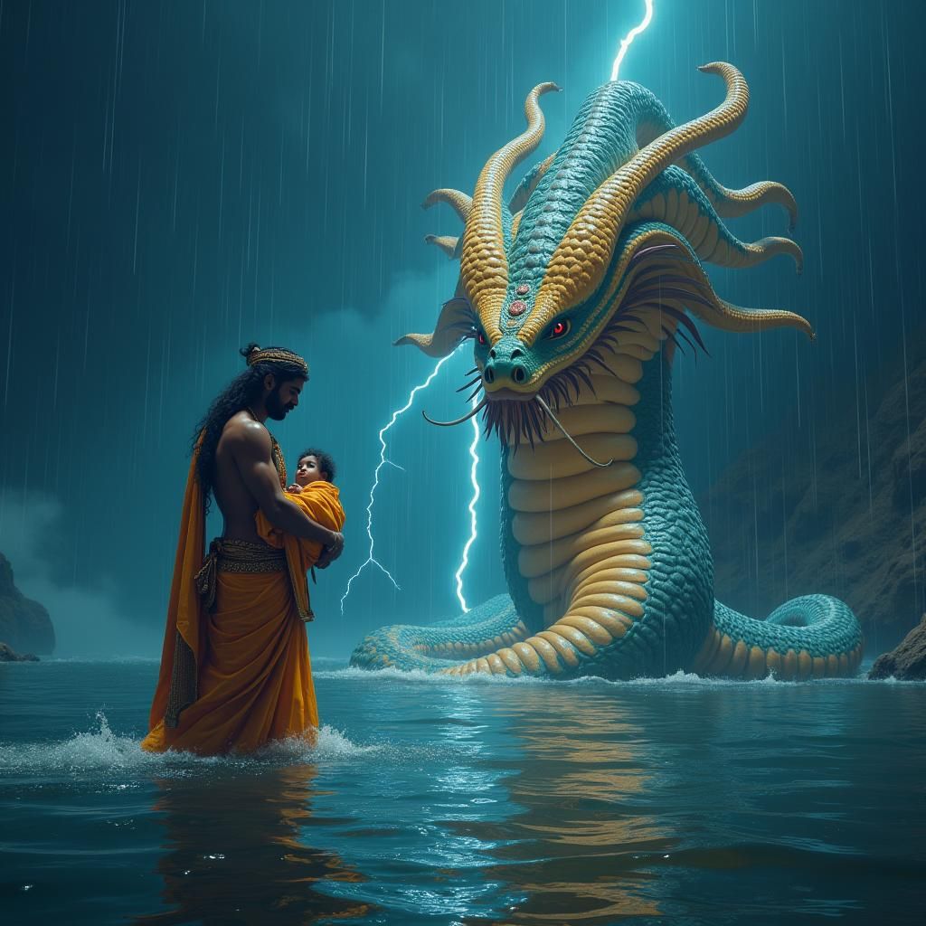 Krishna's Crossing: Divine Protection in Stormy Night