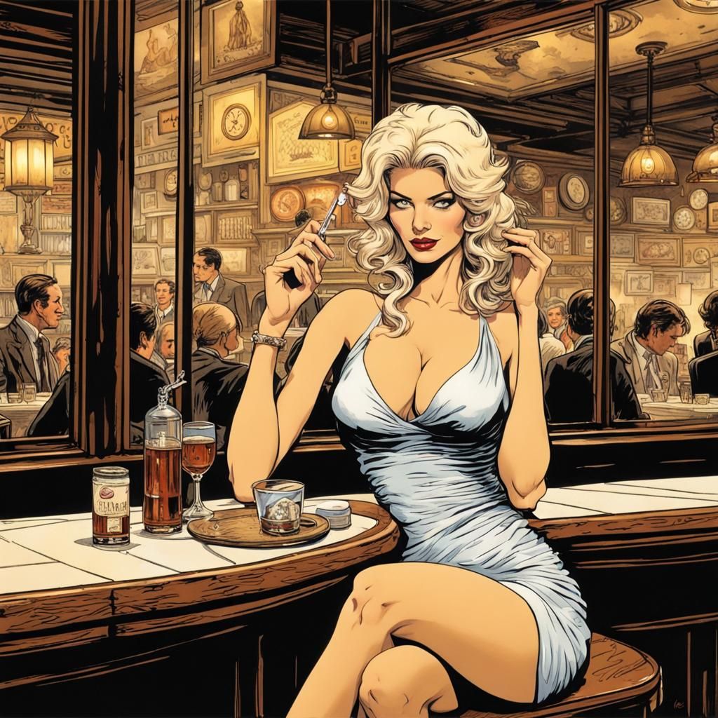 Tavern Beauty: Black Ink Comic Illustration in Manara Style
