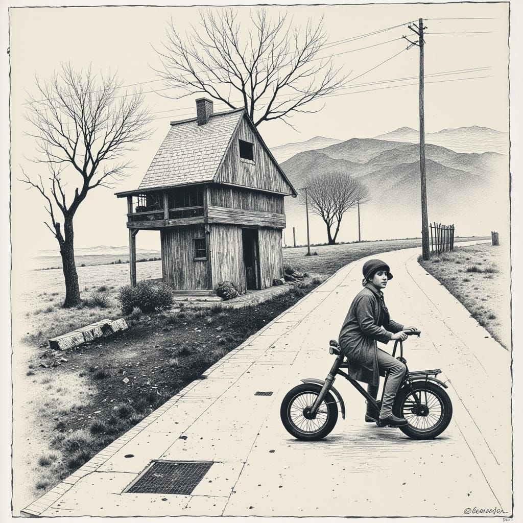 Man Walking on a Road in a Surreal Landscape