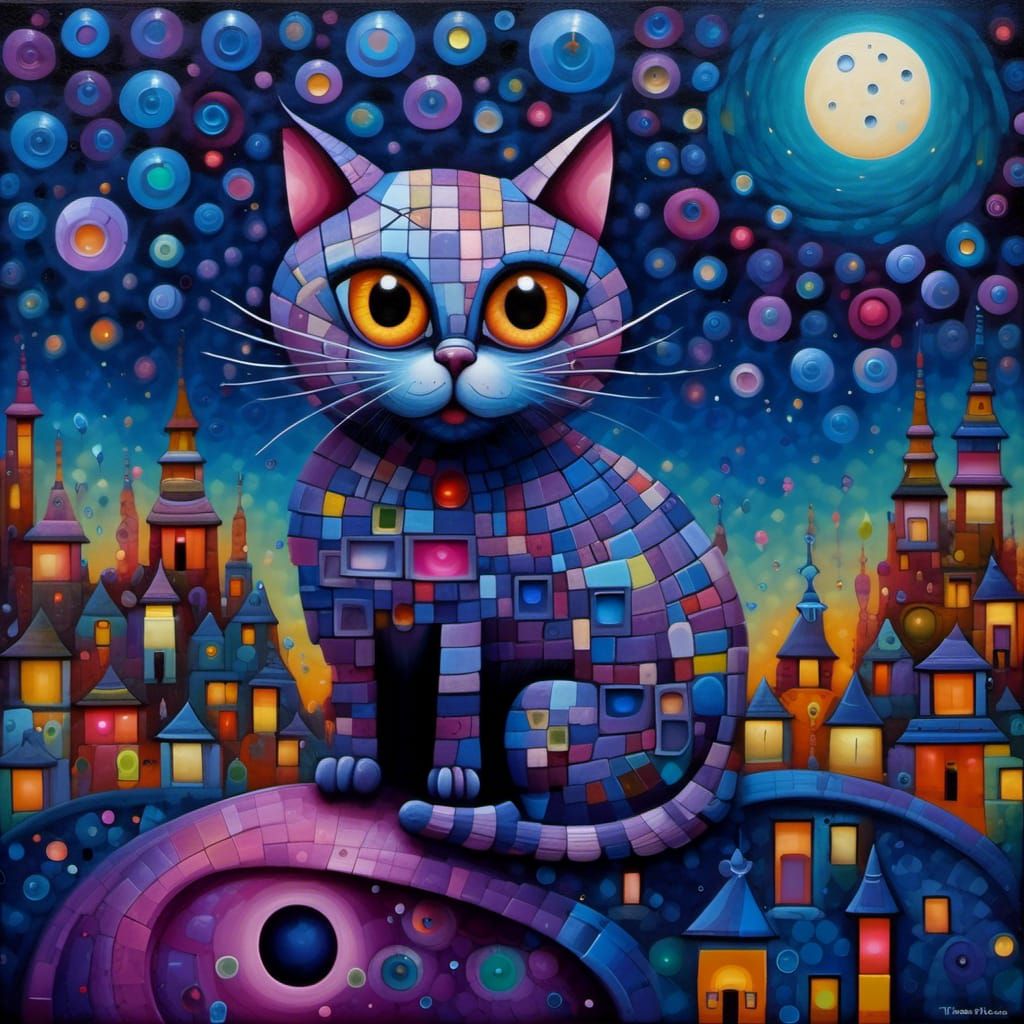 Colorful Abstract Cat Painting in Resin Art Style