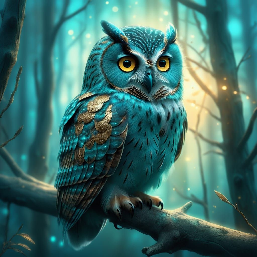Turquoise Owl with Shimmering Feathers in Fantasy Art