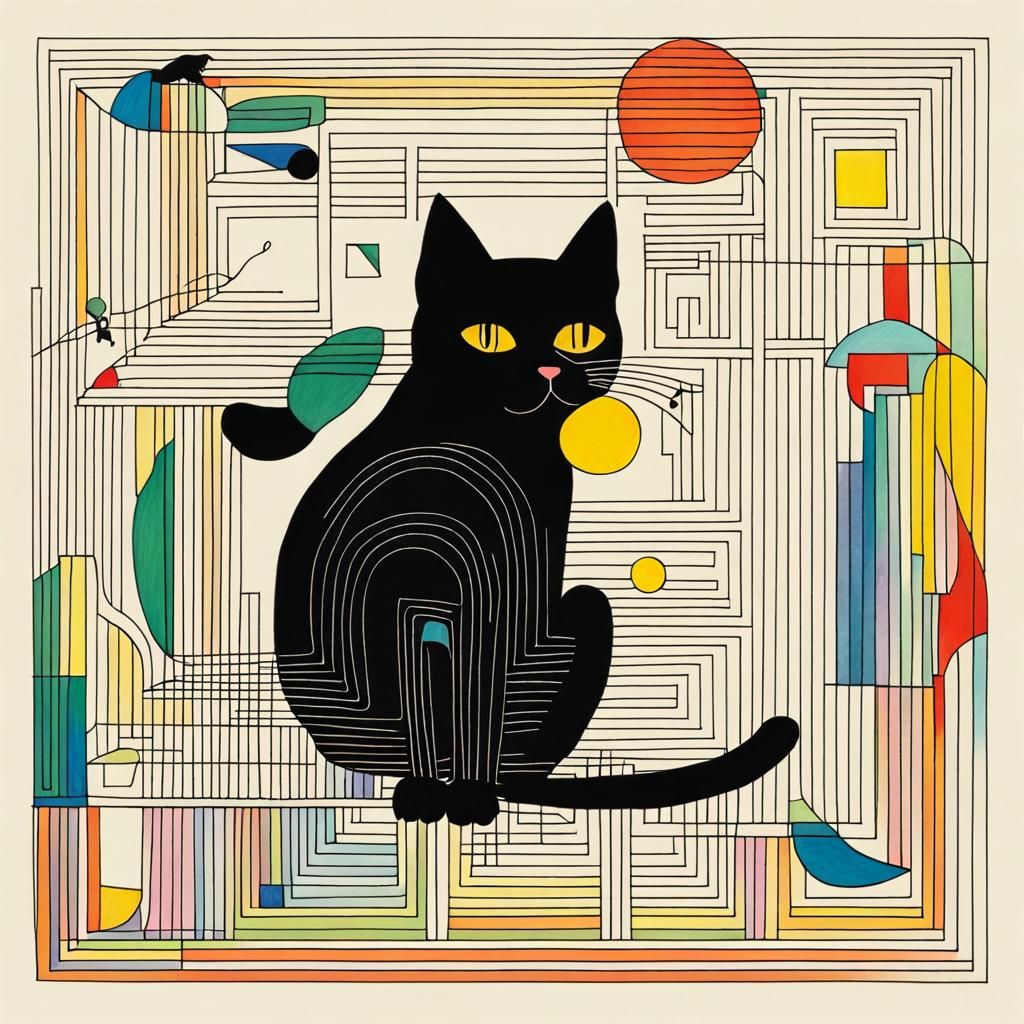 Black Cat Line Drawing in Abstract Style