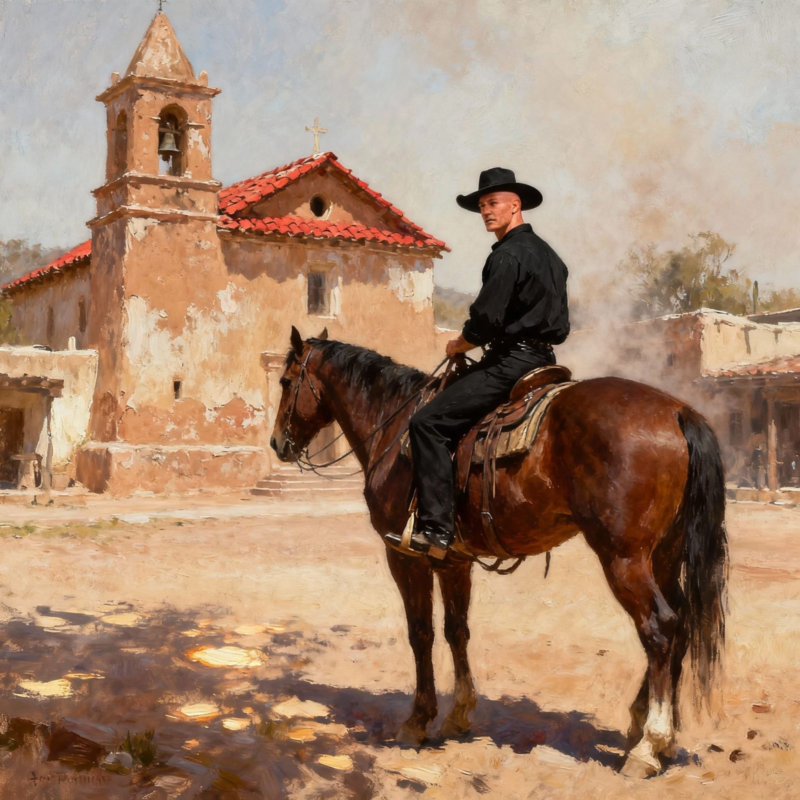 Cowboy on Horse Before Adobe Church Impressionist Oil Painti...